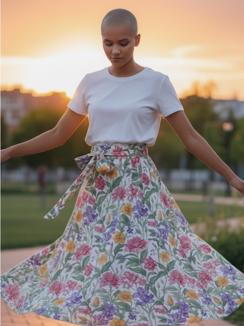 Floral A-Line Midi Skirt in White with Pink, Purple & Yellow Flowers